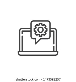 Online support line icon. Computer technical support linear style sign for mobile concept and web design. Laptop with gear outline vector icon. Symbol, logo illustration. Vector graphics