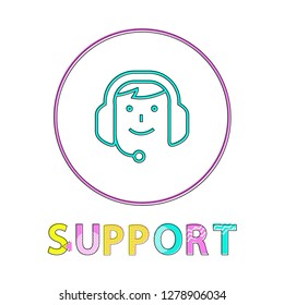 Online support in linear outline style vector icon. Smiling face in headphones gadget concept sign and web design simple line badge in circle contour