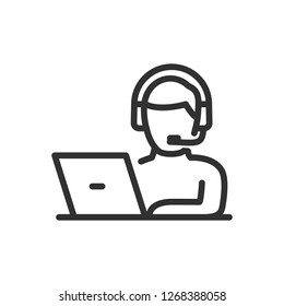 Online support. man in headphones with microphone with a laptop . linear icon. Line with editable stroke