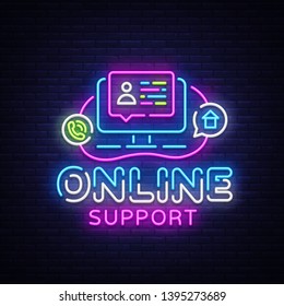Online Support neon sign vector design template. Call Center neon logo, light banner design element colorful modern design trend, night bright advertising, bright sign. Vector illustration