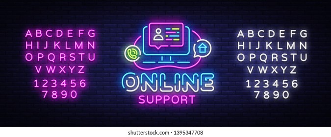Online Support neon sign vector design template. Call Center neon logo, light banner design element colorful modern design trend, night bright advertising, bright sign. Vector. Editing text neon sign