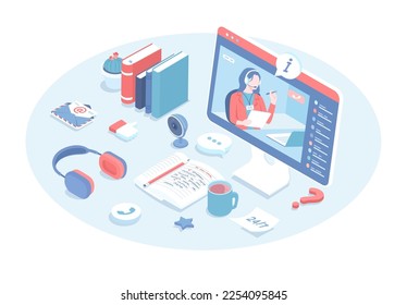 Online support operator, customer service. Virtual help chat, answer call, video conference. Vector illustration in 3d design. Isometric web banner.	
