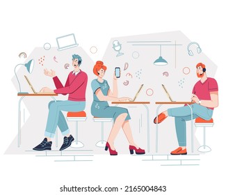 Online support operators or call center employees, flat cartoon vector illustration isolated on white background. Telemarketers or online consultants at work talking to clients.