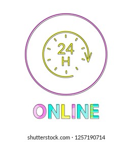 Online support service bright round linear icon. Internet help symbol with clock and arrow outline button template isolated flat vector illustration.