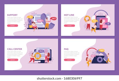 Online support service horizontal banners set with call center workers isolated vector illustration