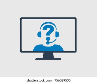 Online Support Service Icon with Computer and Headphone Symbol. 