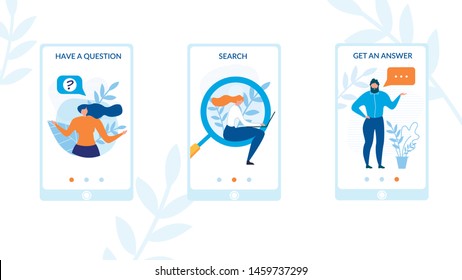 Online Support Service. Mobile Social Stories Set. Advice Idea, Help and Assistance. Webpages with Lettering Have Question, Search, Get Answer. Vector Flat Cartoon People on Pone Screen Illustration