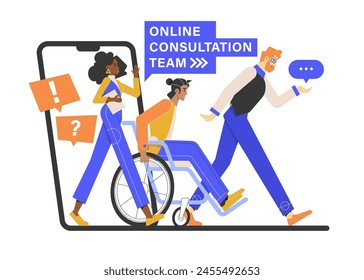 Equipo de Asistencia en línea en la aplicación móvil. Un grupo de empleados sale de un teléfono inteligente Grande. Linda chica negra, hombre en silla de ruedas, hombre de pelo rojo con un icono de mensaje. Vector 