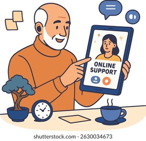 Online Support Vector Illustration with Man and Tablet.