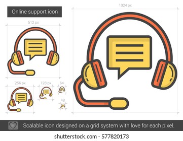 Icono de línea vectorial de soporte en línea aislado en fondo blanco. Icono de línea de asistencia en línea para infografía, sitio web o aplicación. Icono escalable diseñado en un sistema de cuadrícula.