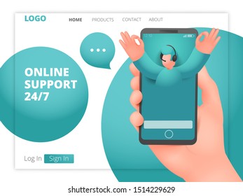 Online support web page template with male assistant character. 3d Vector illustration