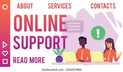 Online support website with hotline operators consult customers, flat vector illustration. Customer service or online technical support web page template.