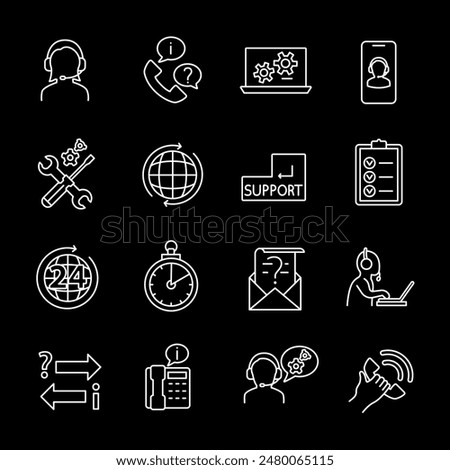 Online support, white line icons. Technical support and information services. Ideal for customer service and tech themes. Symbols on black background. Editable stroke.