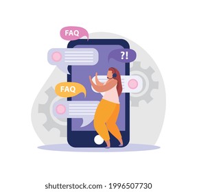 Online support worker answering customers questions in smartphone chat flat vector illustration