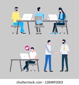 Online support workers at laptops with headphones vector. Internet informative aid, operators answering calls at desktops, men and woman isolated icons