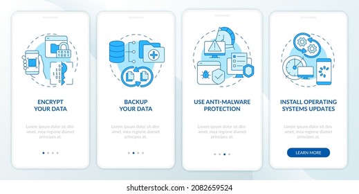 Online surfing safety tips onboarding mobile app page screen. Data protection walkthrough four steps graphic instructions with concepts. UI, UX, GUI vector template with linear color illustrations