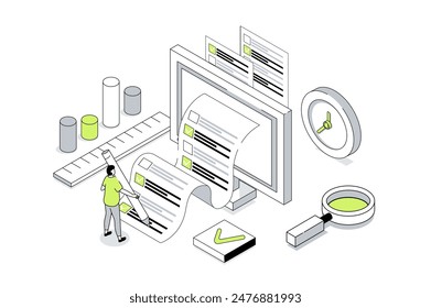 Online survey 3d isometric concept in outline isometry design for web. People giving feedback and evaluation, marking answer in questionnaire, voting in digital form on computer. Vector illustration.