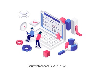 Conceito isométrico 3d em design gráfico de geometria para web. Pessoas que preenchem a lista de questionários da internet e marcam as respostas na lista de verificação, avaliam no formulário de feedback. Ilustração vetorial.