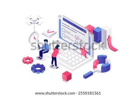 Online survey 3d isometric concept in geometry graphic design for web. People filling internet questionnaire list and ticking answers in checklist, evaluate in feedback form. Vector illustration.