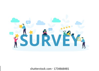 Online survey abstract concept. Customer review voting. Business quiz form with word and working characters for feedback web site, mobile app.Vector flat cartoon isolated on white background