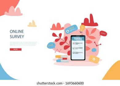 Concepto abstracto de encuesta en línea. Clientes de Internet votando.Formulario de preguntas y respuestas empresariales con pantalla de smartphone, documento para el sitio de comentarios, aplicación móvil.Dibujo plano vectorial aislado en fondo blanco