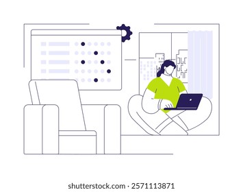 Online survey abstract concept vector illustration. Woman creating online questionnaire using laptop, business strategy, launching product process, market research and survey abstract metaphor.