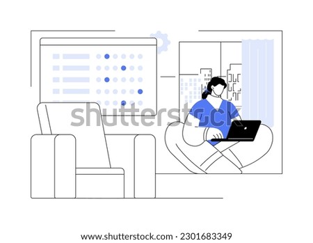 Online survey abstract concept vector illustration. Woman creating online questionnaire using laptop, business strategy, launching product process, market research and survey abstract metaphor.