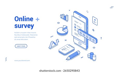 Online survey answer choosing solution checklist outline isometric web banner design template vector illustration. Internet form correct select test voting approved fill questionnaire landing page