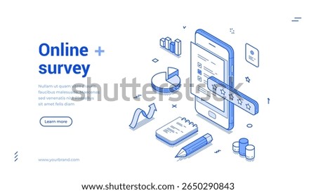 Online survey answer choosing solution checklist outline isometric web banner design template vector illustration. Internet form correct select test voting approved fill questionnaire landing page
