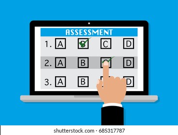 Online Survey Assessment On Computer Laptop With Businessman Finger Point To Touch Screen. Vector Illustration Business Assessment Evaluation Measure Validation Review Concept.