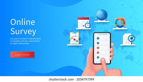 Online survey banner. Hand holds a mobile phone with a list of questions on the screen. Schedule, choose, transparency, graph icons. Business concept. Web vector landing page template in 3D style