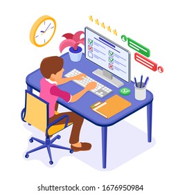 Online survey banner with isometric character. feedback online chat. questionnaire form from computer. survey research. isometric vector illustration