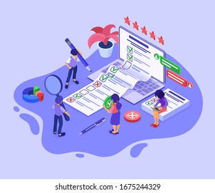 Online survey banner with isometric characters. feedback online chat. questionnaire form from laptop. survey research. isometric vector illustration