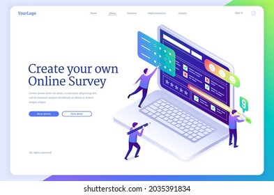 Online survey banner. Service for create web forms for poll, checklist or quiz. Vector landing page of internet application for research customer feedback with isometric people and laptop with test