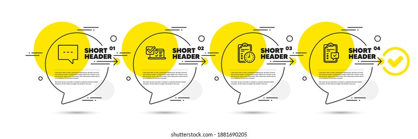 Online survey, Blog and Exam time line icons set. Timeline infograph speech bubbles. Checklist sign. Quiz test, Chat message, Checklist. Survey. Technology set. Infographics timeline banner. Vector