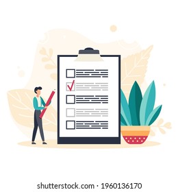 Online survey business concept with tiny people. Internet questionnaire form. Man fills out the giant clipboard checklist and check mark ticks. Flat vector illustration.