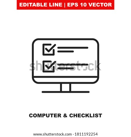 Online survey check list form on computer. Editable thin line vector icon of the computer monitor with abstract website application screen with a linear quiz checklist. Complete web questionnaire V1