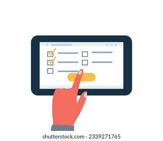 The online survey, checklist. business usd tablet Survey vector. Marked checklist on screen. Successful completion.