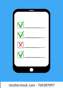 Online survey, checklist form on the tablet screen. Customer service feedback concept. Vector illustration in flat style isolated on blue background. Minimalistic design for web site, mobile app.
