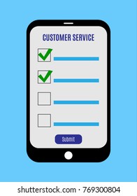 Online survey, checklist form on the tablet screen. Customer service feedback concept. Vector illustration in flat style isolated on blue background. Minimalistic design for web site, mobile app.
