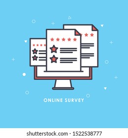 Online survey, checklist. Hand holds tablet and finger touch vertical screen. Feedback business concept. Cartoon flat vector illustration isolated on blue. Minimalistic design for web site, mobile