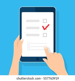 Online survey, checklist. Hand holds tablet and finger touch vertical screen. Feedback business concept. Cartoon flat vector illustration isolated on blue. Minimalistic design for web site, mobile app