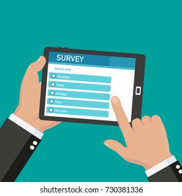 Online survey, checklist. Hand holds tablet and finger touch screen. Feedback business concept. Cartoon flat vector illustration isolated on blue. Minimalistic design for web site, mobile app