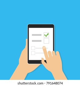 Online survey, checklist. Hand holds tablet and finger touch vertical screen. Feedback business concept. Cartoon flat vector illustration isolated on blue. Minimalistic design for web site, mobile app