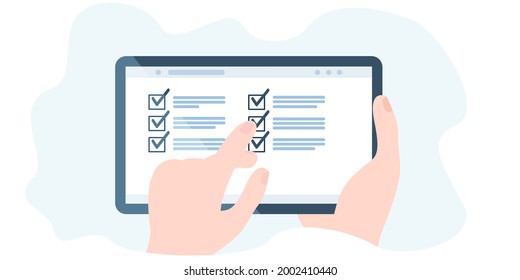The online survey, checklist. Handholds tablet Survey vector. Marked checklist on screen. Successful completion.