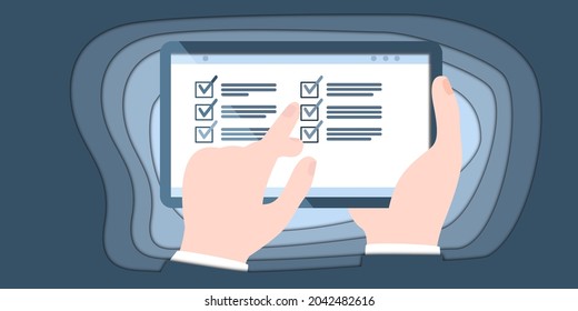 The online survey, checklist. Handholds tablet Survey vector. Marked checklist on screen. Successful completion. paper art 