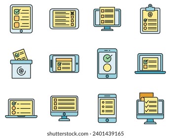 Iconos de lista de comprobación de encuestas en línea. Conjunto de esquemas de la lista de comprobación de encuestas en línea iconos vectoriales color de línea delgada plano sobre blanco