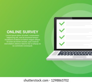 Online survey, checklist, questionnaire icon. Laptop, Computer screen. Feedback business concept. Vector stock illustration.