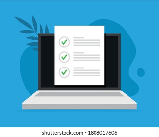 Online survey, checklist, questionnaire icon. Laptop, Computer screen. Feedback business concept. Cartoon flat vector illustration isolated on blue. Minimalistic design for web site, mobile app