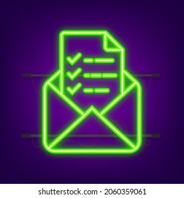 Online survey, checklist, questionnaire icon. Feedback business. Neon icon. Vector illustration